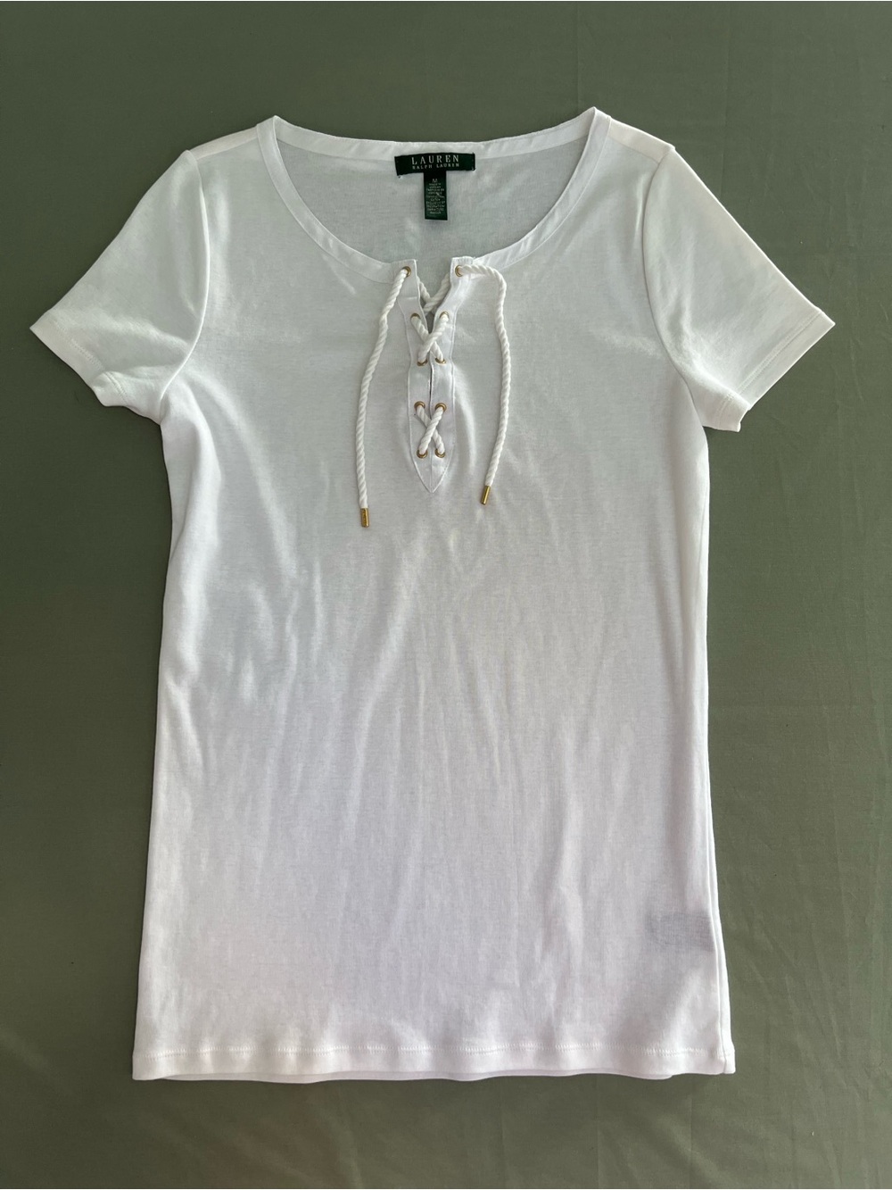 Lauren Ralph Lauren Woman’s White Nautical Cap Sleeve Top Lace-Up T-Shirt Size M